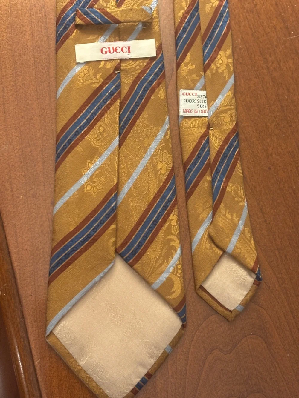 Vintage Gucci Silk Tie Mustard Hold Blue Red Stripes Made in Italy